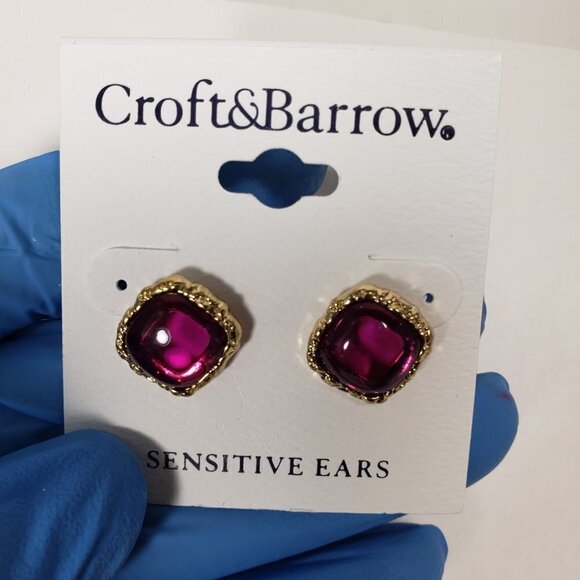 CROFT & BARROW, Gold-tone Pink Stone Square Design Stud Earrings Women's Jewelry - Picture 4 of 9